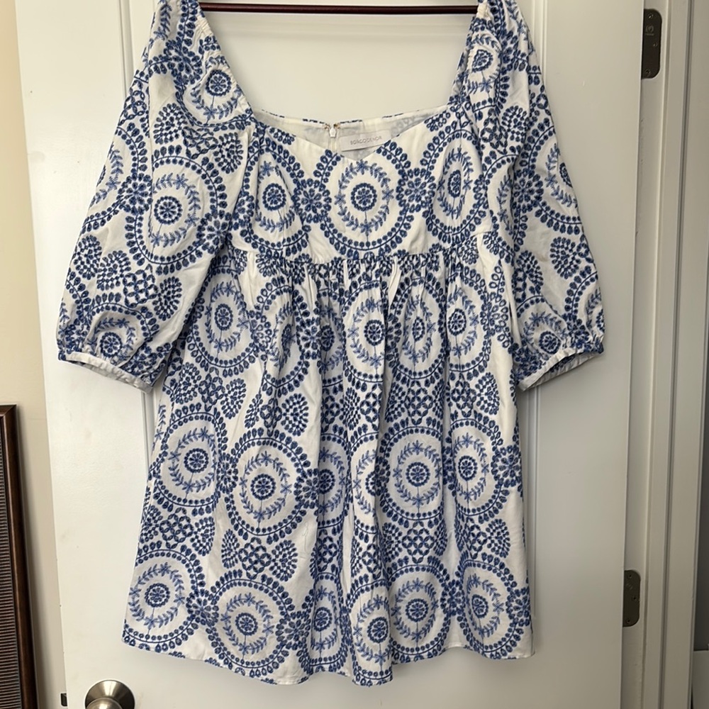 Blue and White Mini Dress with Flutter Sleeves and Smocked Design